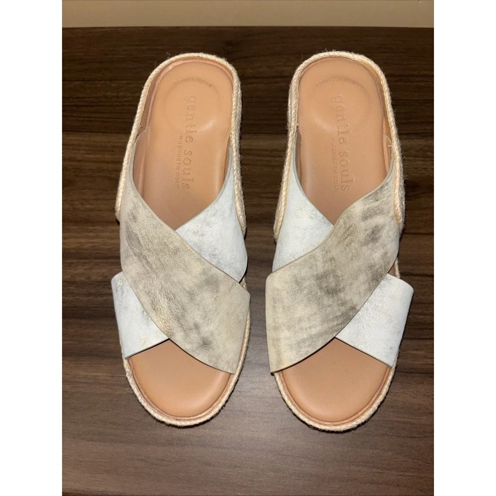 $189 Gentle Souls Porto 7.5 Slide Sandals Wedge Leather Silver Gold Espadrilles